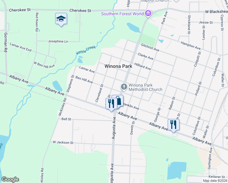 map of restaurants, bars, coffee shops, grocery stores, and more near 819 Augusta Avenue in Waycross
