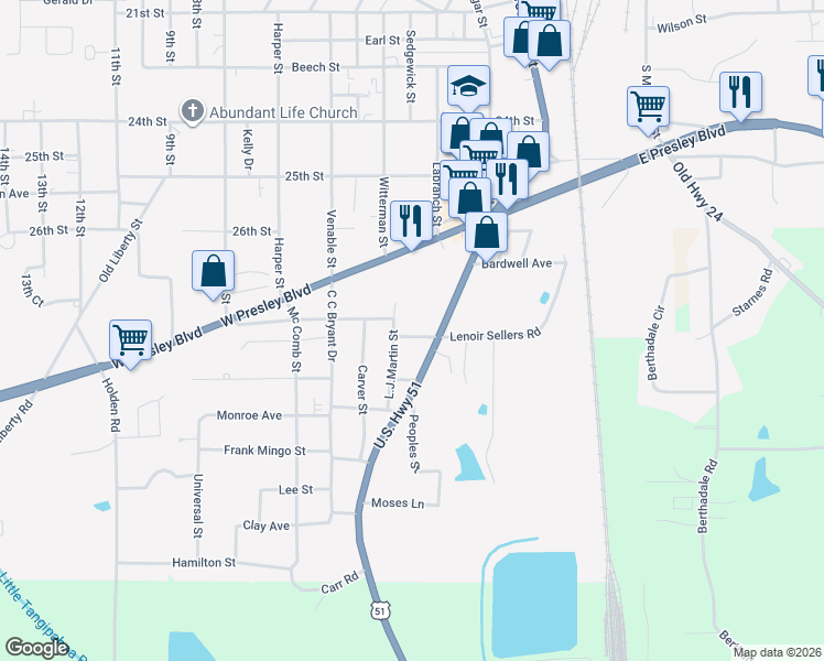 map of restaurants, bars, coffee shops, grocery stores, and more near 121 1st Street in McComb