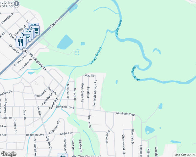 map of restaurants, bars, coffee shops, grocery stores, and more near 1622 Seminole Springs Road in Waycross