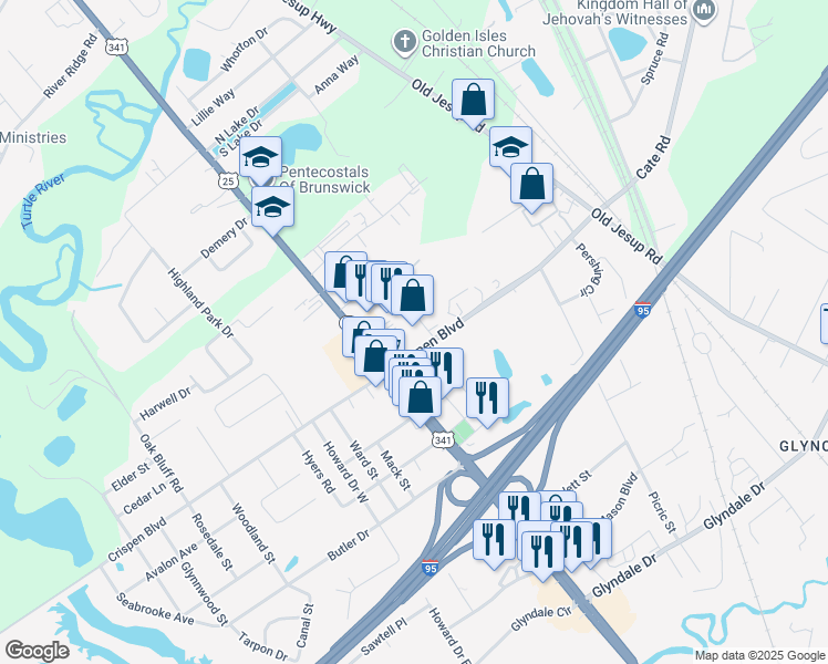 map of restaurants, bars, coffee shops, grocery stores, and more near 5420 New Jesup Highway in Brunswick