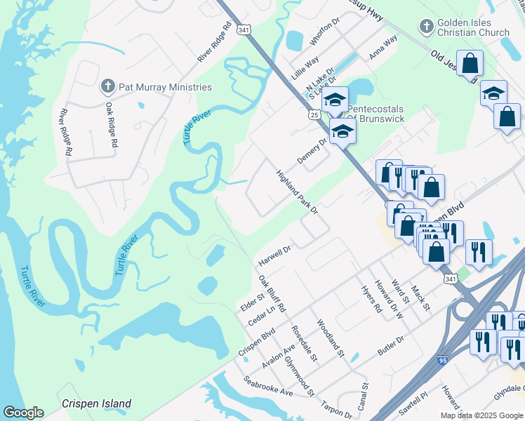 map of restaurants, bars, coffee shops, grocery stores, and more near 156 Highland Park Circle in Brunswick