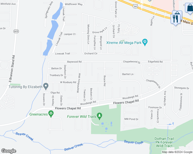 map of restaurants, bars, coffee shops, grocery stores, and more near 105 Rochelle Court in Dothan