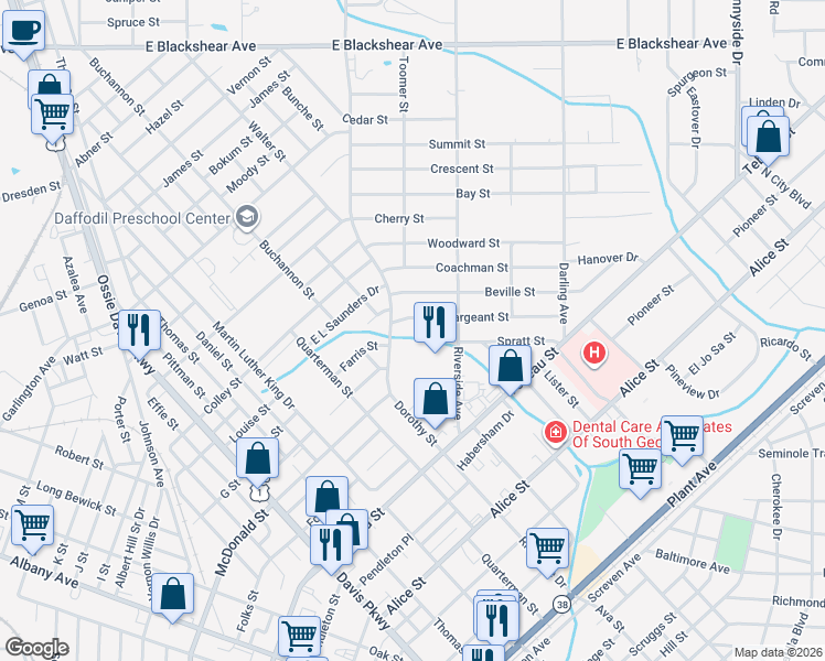 map of restaurants, bars, coffee shops, grocery stores, and more near 807 Beville Street in Waycross