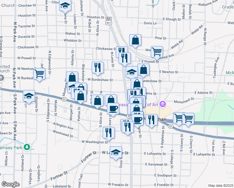 map of restaurants, bars, coffee shops, grocery stores, and more near 206 West Adams Street in Dothan
