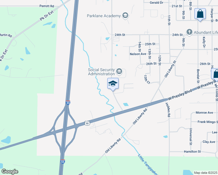 map of restaurants, bars, coffee shops, grocery stores, and more near 1328 Parklane Road in McComb