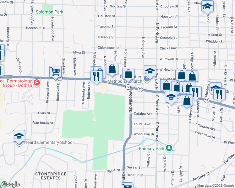 map of restaurants, bars, coffee shops, grocery stores, and more near 114 Club Lane in Dothan