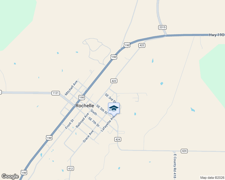 map of restaurants, bars, coffee shops, grocery stores, and more near 5907 Southeast 2nd Street in Rochelle