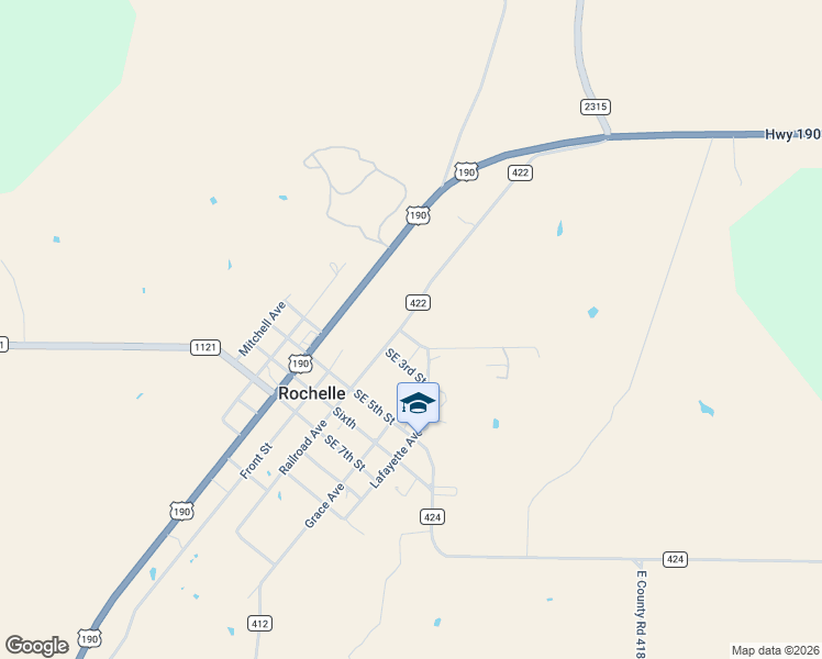 map of restaurants, bars, coffee shops, grocery stores, and more near 5907 Southeast 2nd Street in Rochelle