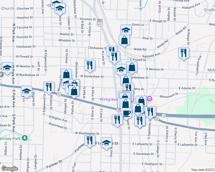 map of restaurants, bars, coffee shops, grocery stores, and more near 206 West Adams Street in Dothan