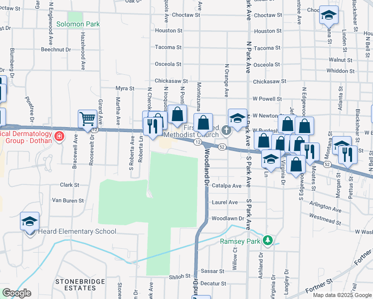 map of restaurants, bars, coffee shops, grocery stores, and more near 113 Club Lane in Dothan