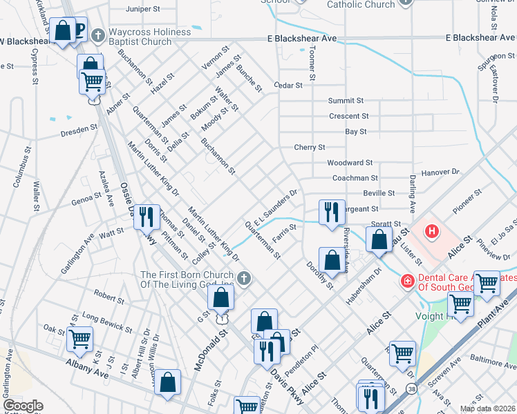 map of restaurants, bars, coffee shops, grocery stores, and more near 1312 Colley Street in Waycross