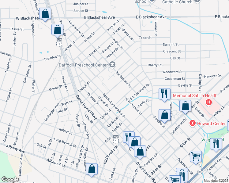 map of restaurants, bars, coffee shops, grocery stores, and more near 1310 Bailey Street in Waycross