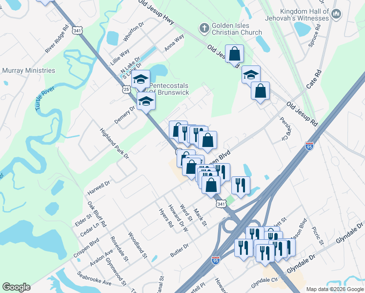 map of restaurants, bars, coffee shops, grocery stores, and more near 2002 South Commercial Drive in Brunswick