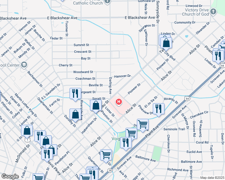 map of restaurants, bars, coffee shops, grocery stores, and more near 1909 Tebeau Street in Waycross