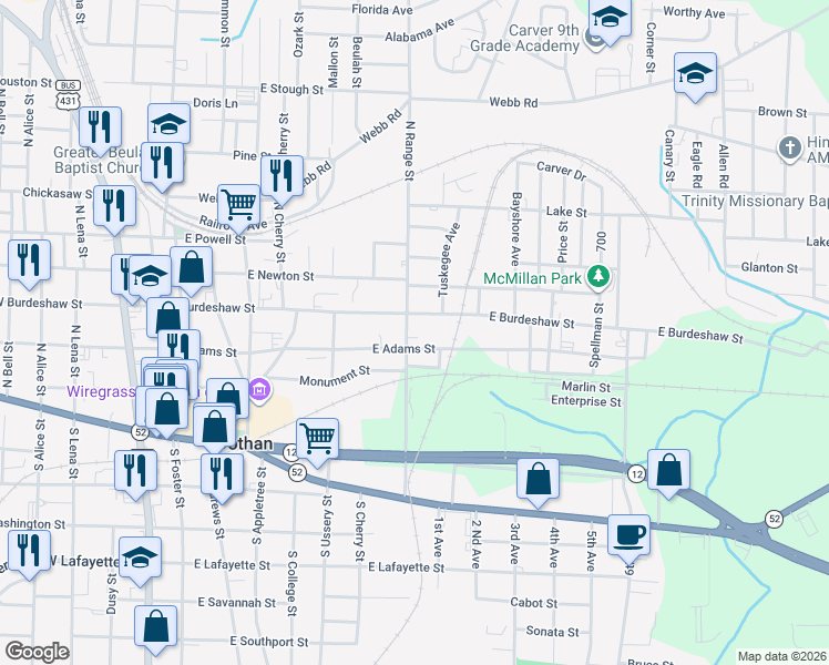 map of restaurants, bars, coffee shops, grocery stores, and more near 444 N Range St in Dothan