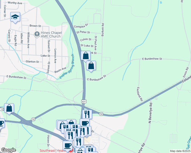 map of restaurants, bars, coffee shops, grocery stores, and more near 2461 East Burdeshaw Street in Dothan
