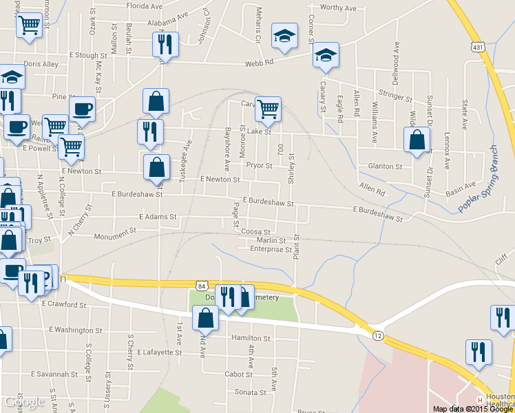 map of restaurants, bars, coffee shops, grocery stores, and more near 1230 E Burdeshaw St in Dothan