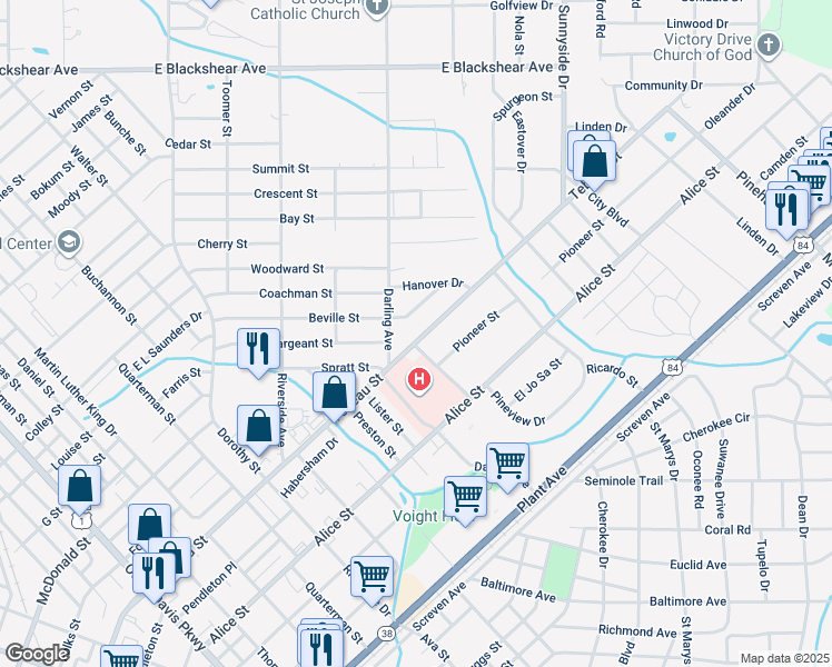 map of restaurants, bars, coffee shops, grocery stores, and more near 1909 Tebeau Street in Waycross