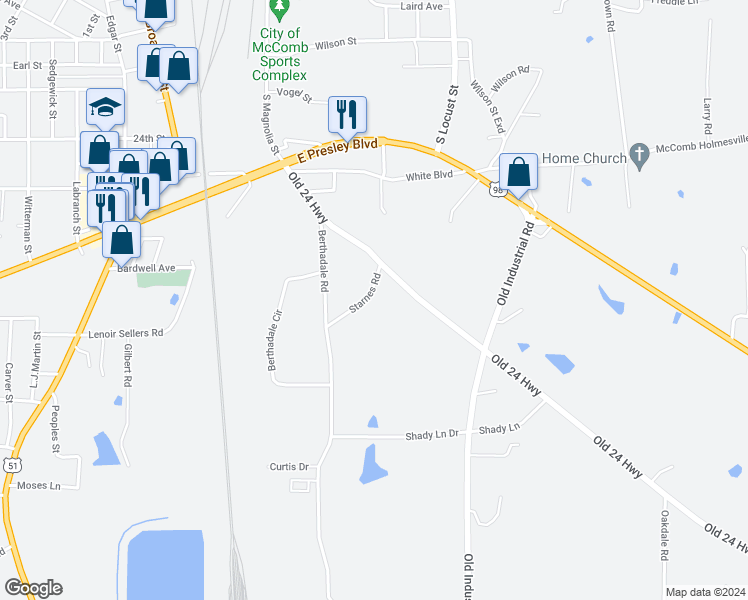 map of restaurants, bars, coffee shops, grocery stores, and more near 1028 Starnes Road in McComb