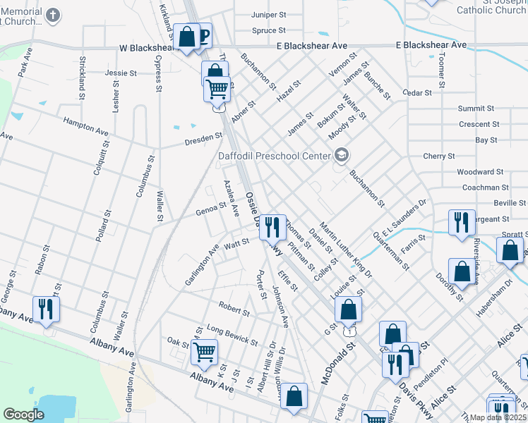 map of restaurants, bars, coffee shops, grocery stores, and more near 1015 Clough Street in Waycross