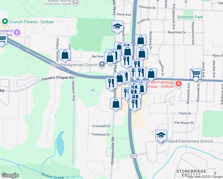 map of restaurants, bars, coffee shops, grocery stores, and more near 190 Honeysuckle Road in Dothan