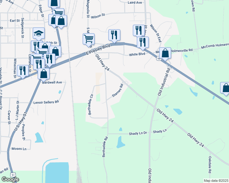 map of restaurants, bars, coffee shops, grocery stores, and more near 1028 Starnes Road in McComb
