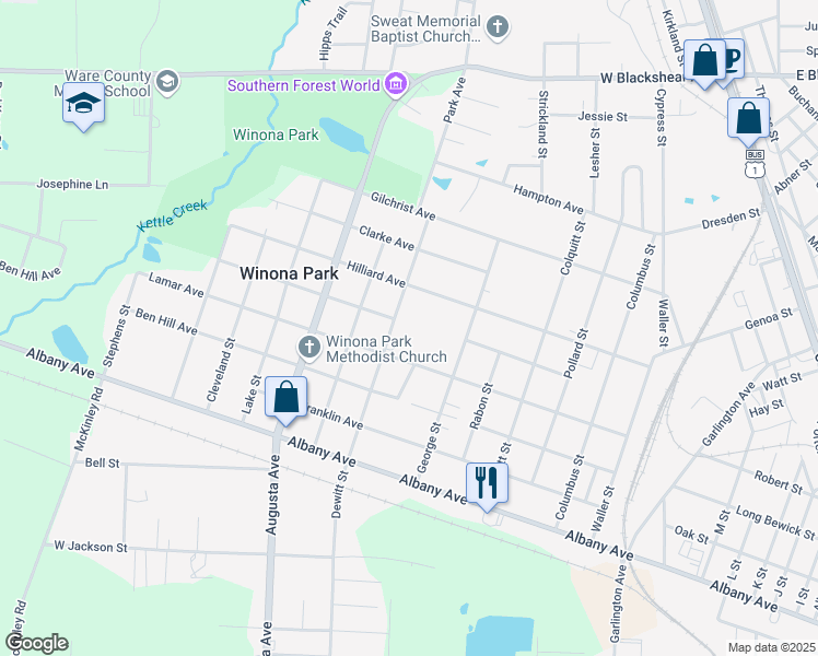 map of restaurants, bars, coffee shops, grocery stores, and more near 1008 Stanton Avenue in Waycross