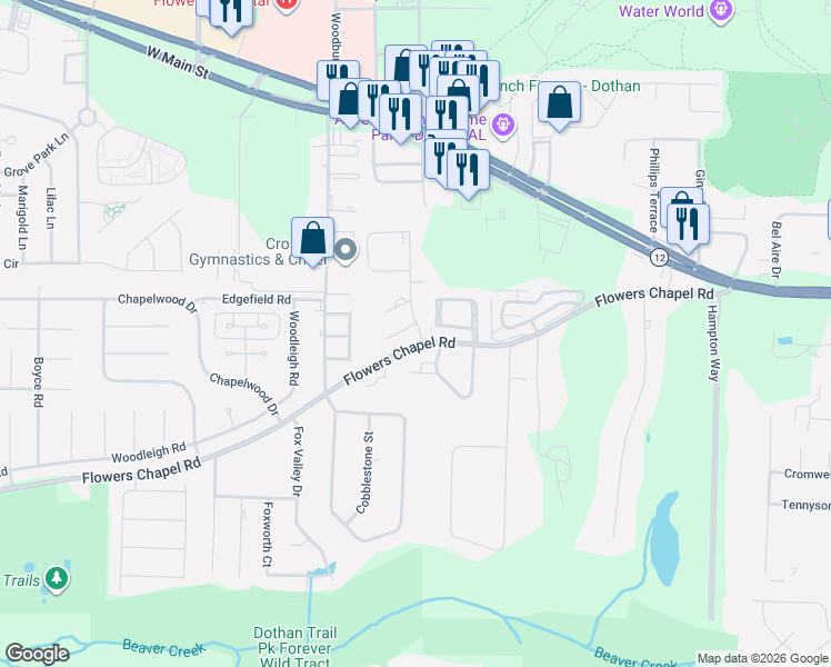 map of restaurants, bars, coffee shops, grocery stores, and more near 3172-3188 Flowers Chapel Road in Dothan