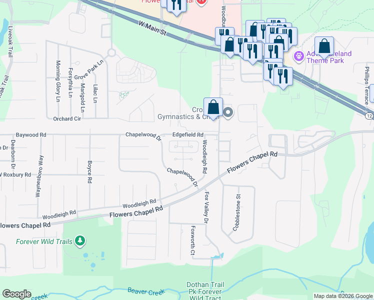 map of restaurants, bars, coffee shops, grocery stores, and more near 3 East Chadwick Circle in Dothan