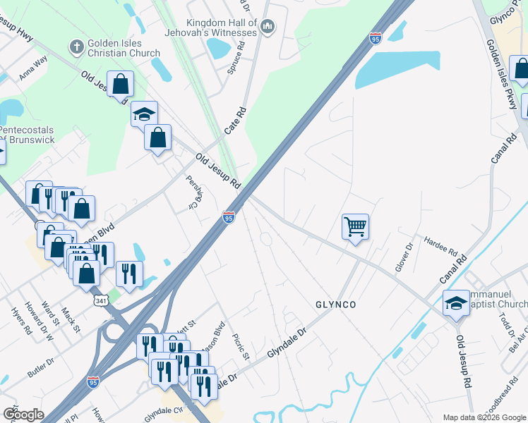 map of restaurants, bars, coffee shops, grocery stores, and more near 1529 Old Jesup Highway in Brunswick
