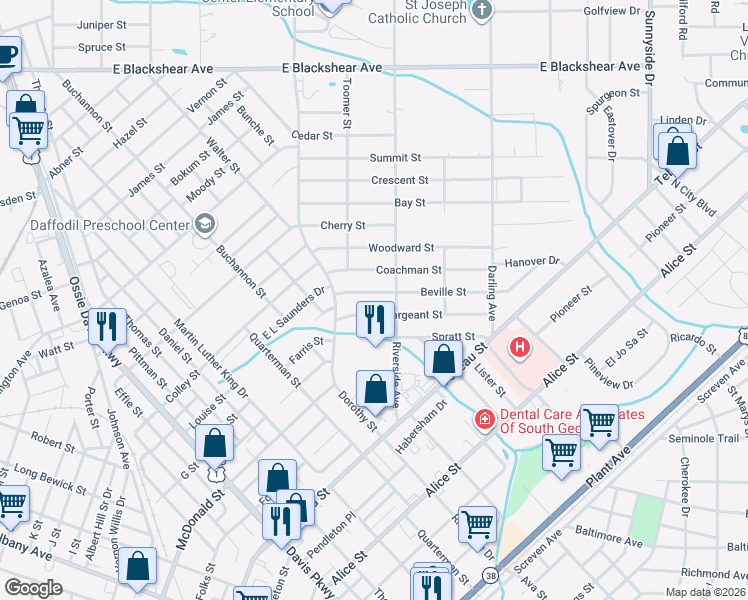 map of restaurants, bars, coffee shops, grocery stores, and more near 807 Beville Street in Waycross