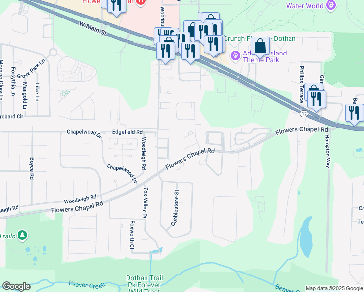 map of restaurants, bars, coffee shops, grocery stores, and more near 114 Pace Lane in Dothan