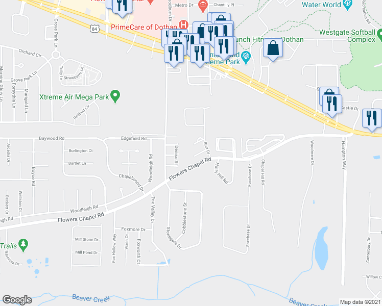 map of restaurants, bars, coffee shops, grocery stores, and more near 114 Pace Lane in Dothan