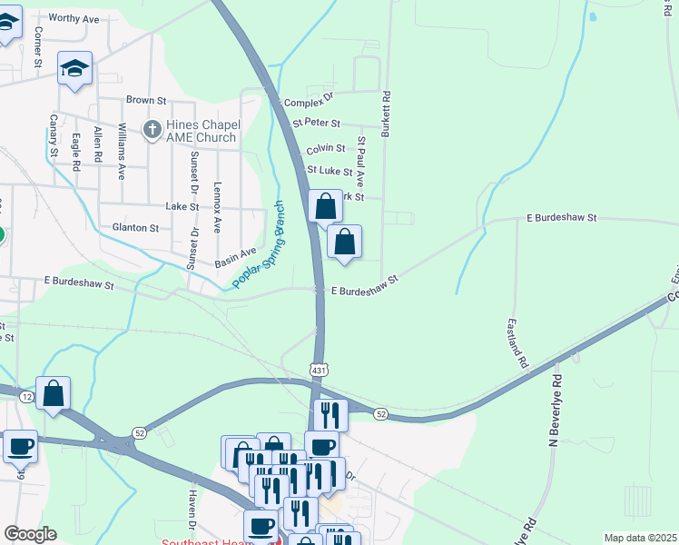 map of restaurants, bars, coffee shops, grocery stores, and more near 2461 East Burdeshaw Street in Dothan