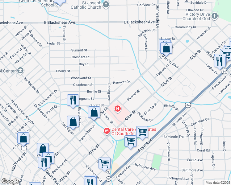 map of restaurants, bars, coffee shops, grocery stores, and more near 1909 Tebeau Street in Waycross