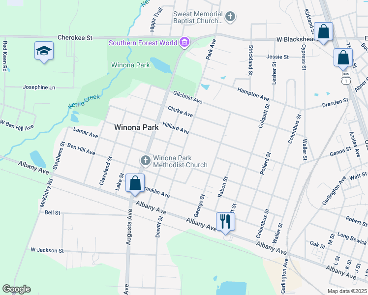 map of restaurants, bars, coffee shops, grocery stores, and more near 1008 Stanton Avenue in Waycross