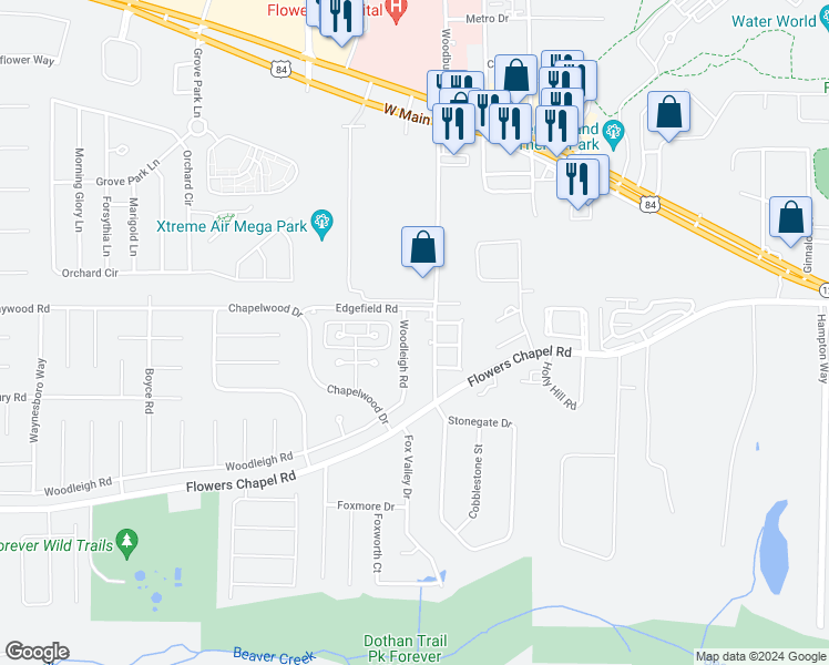 map of restaurants, bars, coffee shops, grocery stores, and more near 105 Woodleigh Road in Dothan