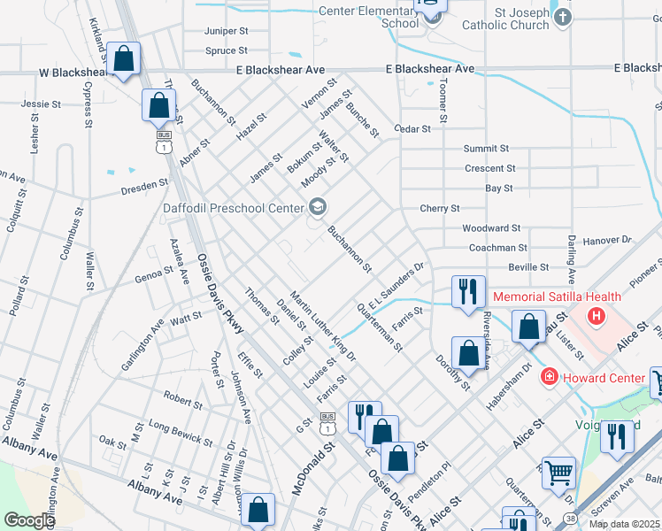 map of restaurants, bars, coffee shops, grocery stores, and more near 1301 Bailey Street in Waycross