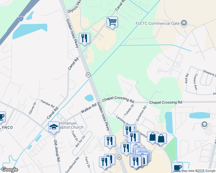 map of restaurants, bars, coffee shops, grocery stores, and more near 235 Topi TRL in Brunswick