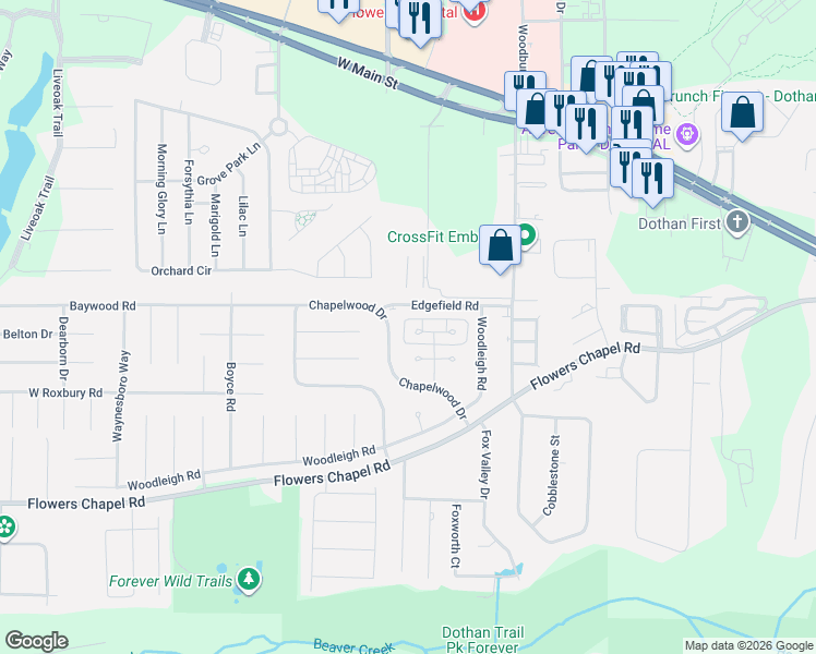 map of restaurants, bars, coffee shops, grocery stores, and more near 108 West Fontana Circle in Dothan