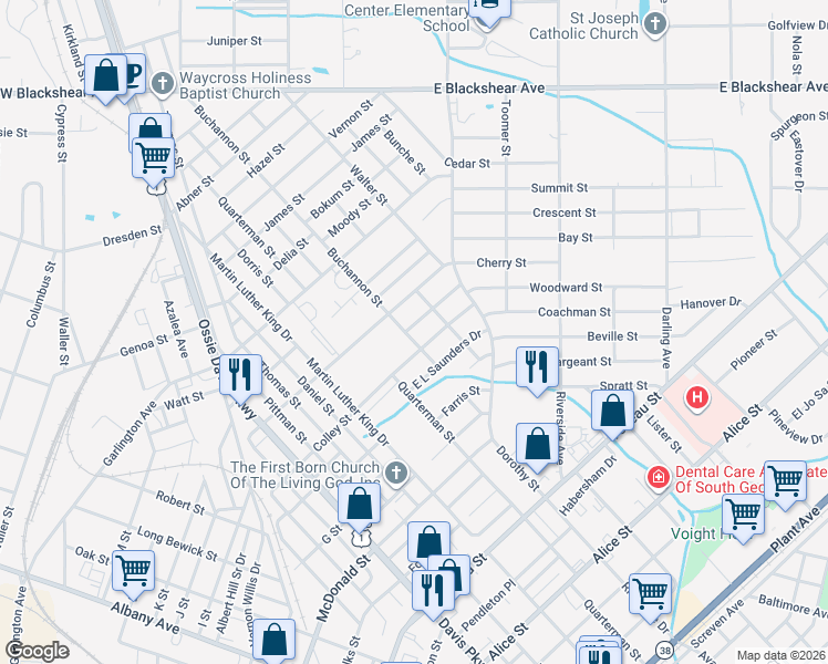 map of restaurants, bars, coffee shops, grocery stores, and more near 1312 Colley Street in Waycross