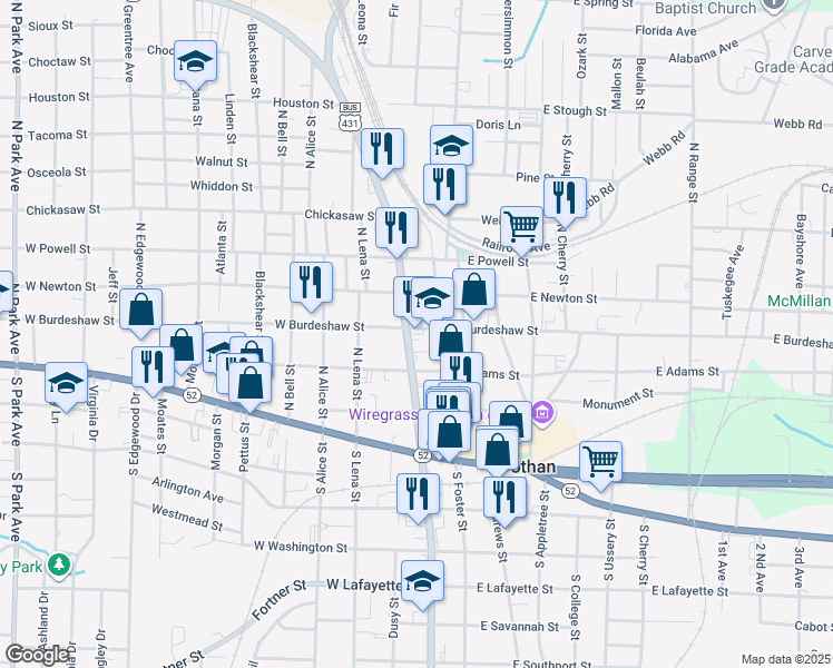 map of restaurants, bars, coffee shops, grocery stores, and more near 326 North Oates Street in Dothan
