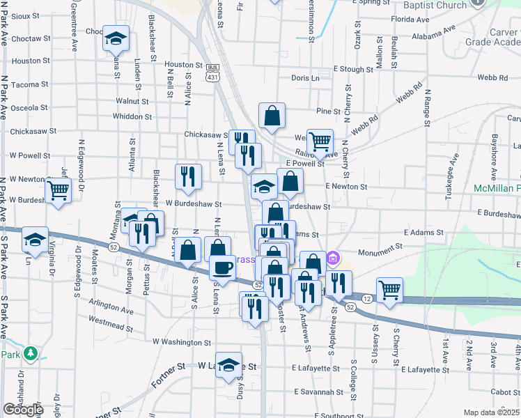 map of restaurants, bars, coffee shops, grocery stores, and more near 326-344 North Oates Street in Dothan