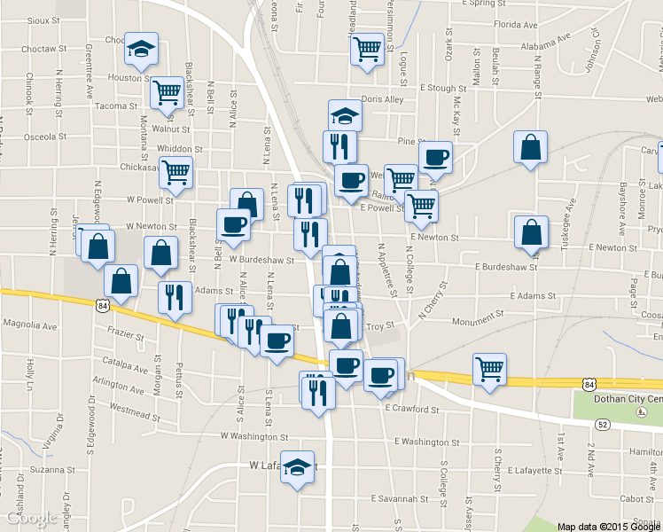 map of restaurants, bars, coffee shops, grocery stores, and more near 315 North Foster Street in Dothan