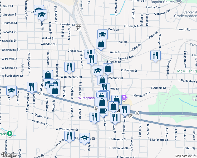 map of restaurants, bars, coffee shops, grocery stores, and more near 315 North Foster Street in Dothan