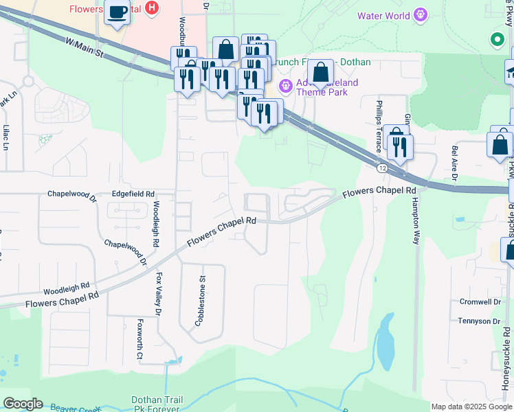 map of restaurants, bars, coffee shops, grocery stores, and more near 34 Williamsburg Place in Dothan