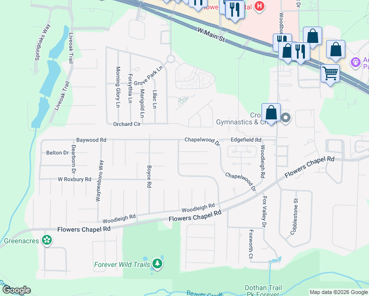 map of restaurants, bars, coffee shops, grocery stores, and more near 500 Baywood Road in Dothan