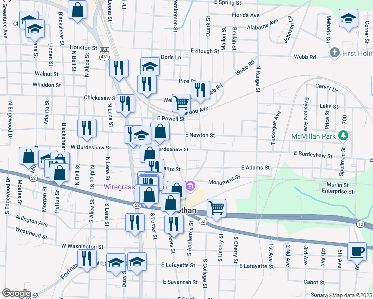 map of restaurants, bars, coffee shops, grocery stores, and more near 400 North College Street in Dothan