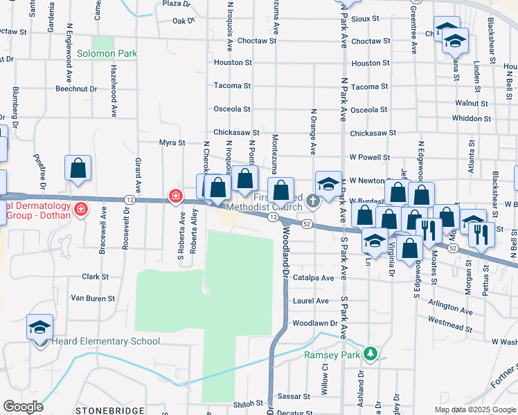 map of restaurants, bars, coffee shops, grocery stores, and more near 114 North Pontiac Avenue in Dothan