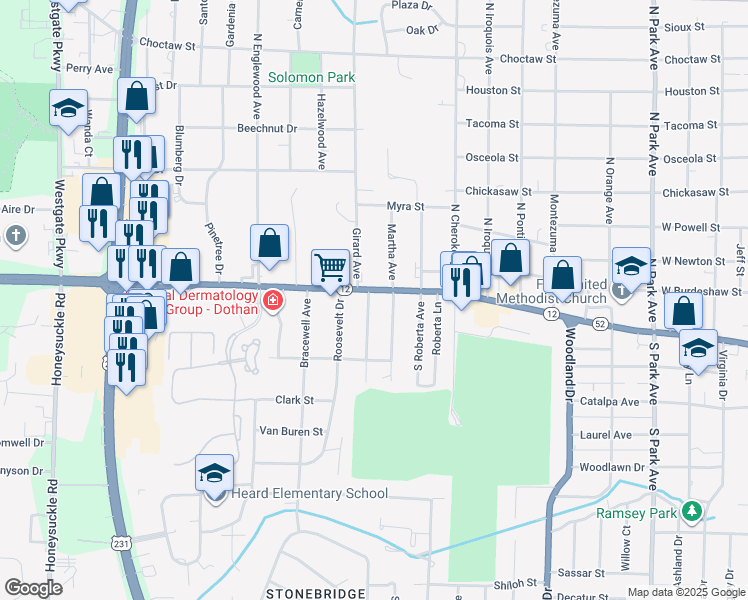 map of restaurants, bars, coffee shops, grocery stores, and more near 2114 West Main Street in Dothan